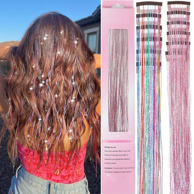 EROADE Hair Tinsel 12 Pcs Clip in Hair Tinsel Kit for Girls 22 Inch Glitter Fairy Tinsel Hair Extensions Colorful Heat Resistant Party Festival Accessories for Women (pink/multicolor-12 Pcs) - Image 1